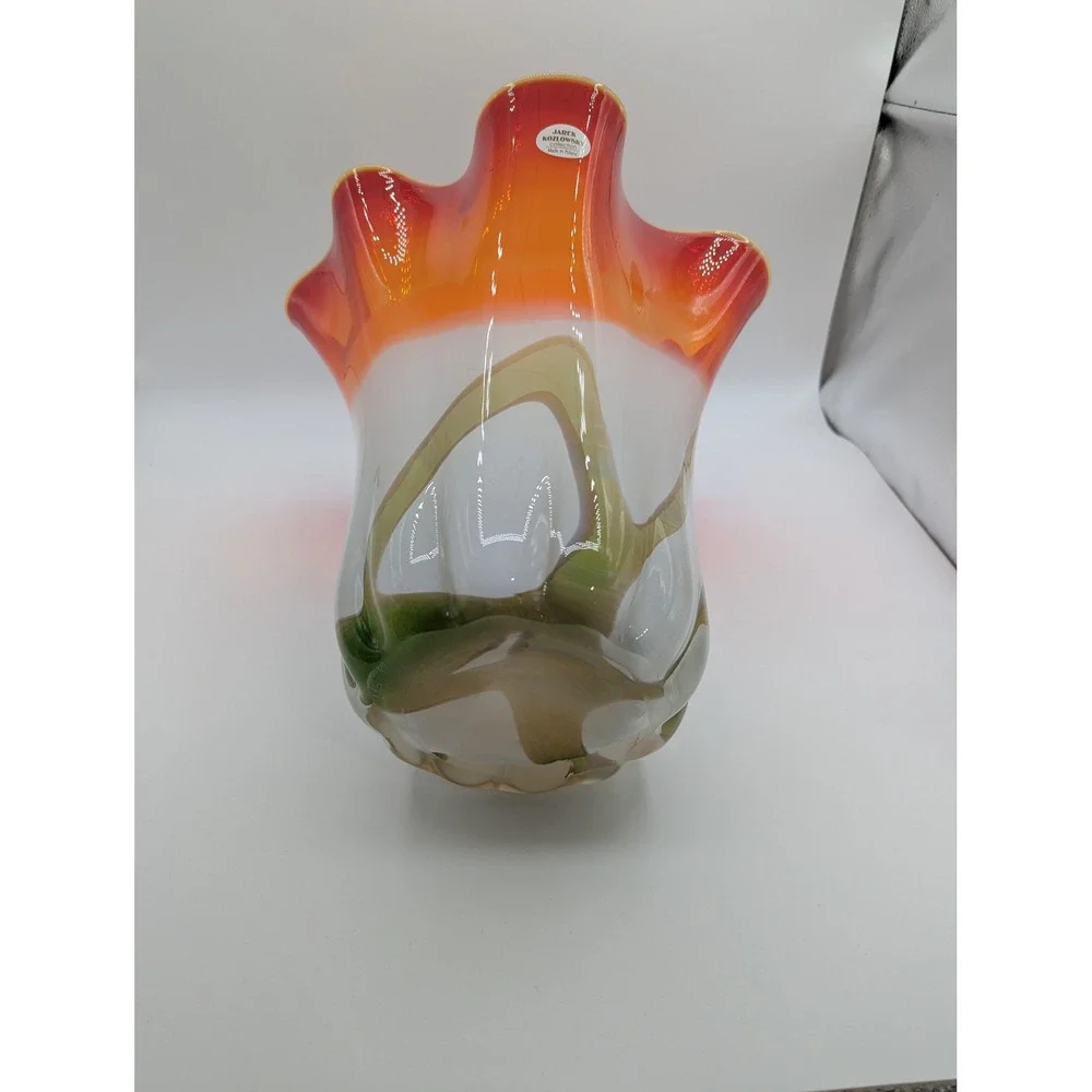 Jarek Kozlowsky‎ Collection Hand Blown Art Glass Vase Ruffled Rim Made in Poland